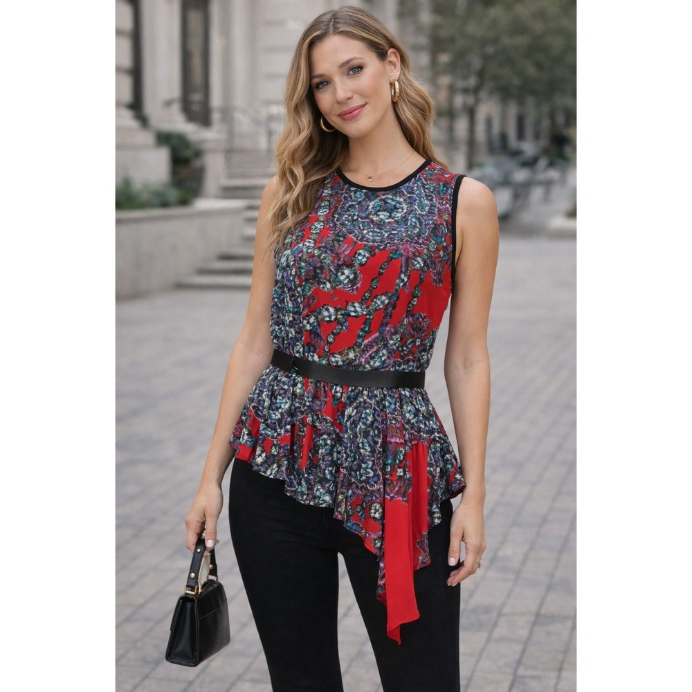 NWT Hunter Bell‎ Abstract Silk Leather Blouse Asymmetrical Size 6